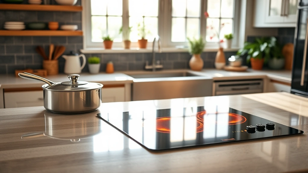 Eco-friendly modern kitchen with an induction cooktop glowing with heat, stainless steel cookware, and sustainable design elements, bright natural daylight from windows