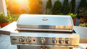 Modern stainless steel flat top gas grill on a clean patio, morning sunlight reflecting off polished surface, surrounded by potted herbs and sustainable garden elements, no people visible