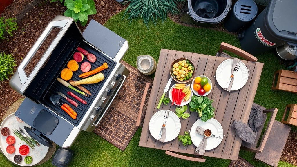 Aerial view of backyard grilling setup with flat top gas grill, reusable plates and cloth napkins on nearby table, fresh vegetables and herbs, composting bin visible, sustainable entertaining scene