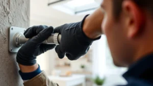 Professional plumber installing corrugated stainless steel flexible gas line through residential wall cavity, hands wearing work gloves, modern home interior background, natural daylight, focus on connection point detail
