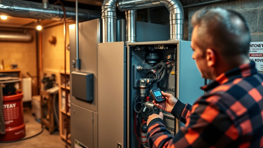 Modern high-efficiency furnace with flexible gas line connection visible, technician performing inspection with digital meter, home basement setting, warm professional lighting, safety equipment visible