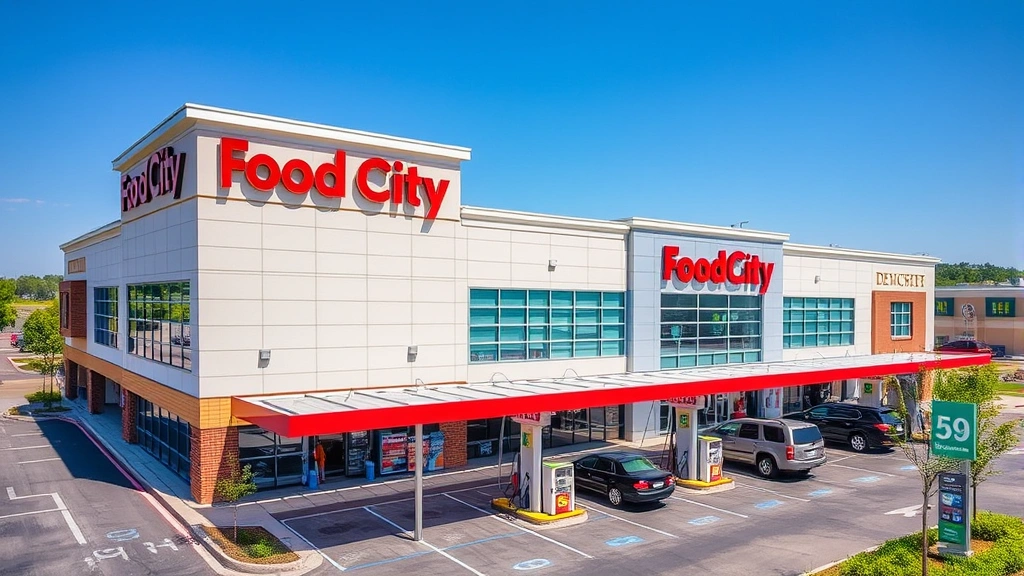 Aerial view of modern Food City supermarket with dedicated gas station pumps in parking lot, customers fueling vehicles, green landscaping visible, daytime sunshine