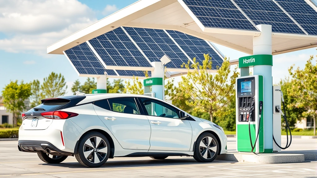 Hybrid or fuel-efficient vehicle at eco-friendly gas station pump with solar panels overhead, clean modern aesthetic, environmental sustainability focus