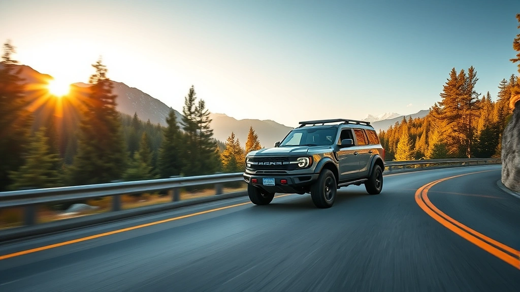 Modern Ford Bronco driving on a scenic mountain highway during golden hour, surrounded by evergreen forests and clear sky, showcasing the vehicle's capability and outdoor adventure purpose