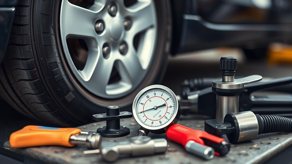 Close-up of a car's tire pressure gauge and maintenance tools on a workbench, emphasizing vehicle upkeep and fuel efficiency optimization techniques