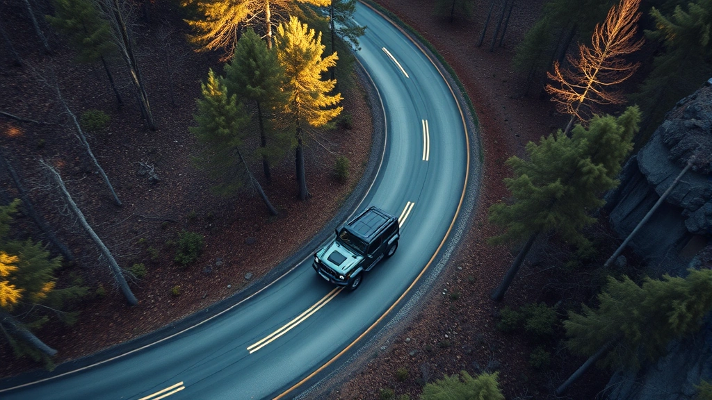 Aerial view of a winding forest road with a Bronco navigating through curves, representing real-world driving conditions and fuel consumption variations in different terrain