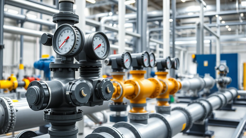 Modern natural gas pipeline infrastructure with meter gauges and valves in industrial facility, clean professional setting showing engineering equipment