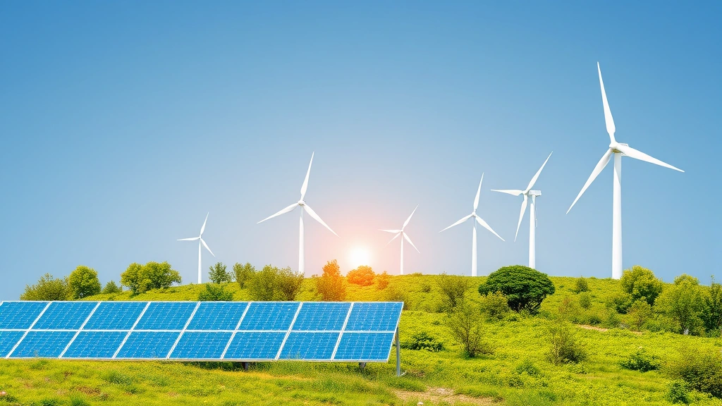 Renewable energy transition concept showing solar panels and wind turbines integrated with green landscape, sustainable power generation infrastructure