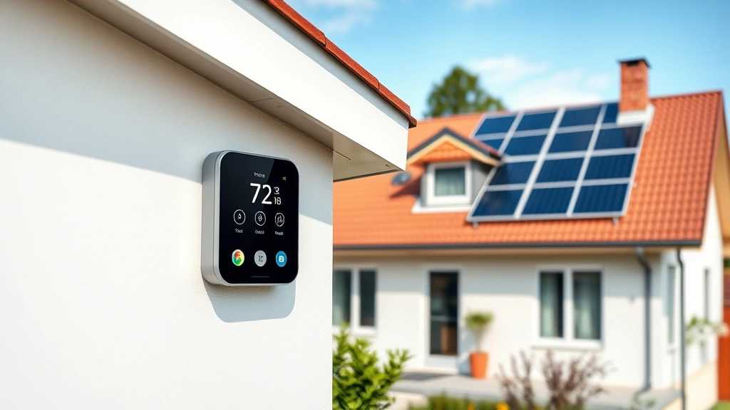 Energy efficient smart home with digital thermostat display, heat pump system, and solar thermal panels on residential roof, modern sustainable living