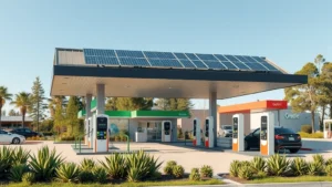 Modern eco-friendly gas station with solar panels on roof, electric vehicle charging stations in foreground, green landscaping with native plants, contemporary architectural design, bright natural lighting, photorealistic, no visible signage or text