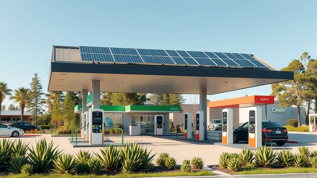 Modern eco-friendly gas station with solar panels on roof, electric vehicle charging stations in foreground, green landscaping with native plants, contemporary architectural design, bright natural lighting, photorealistic, no visible signage or text