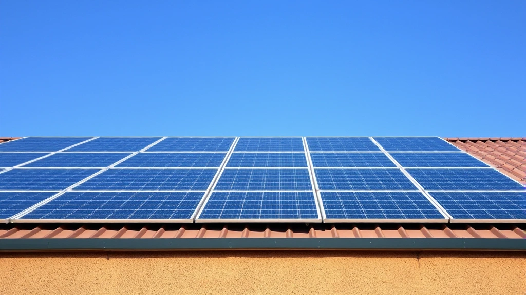 Close-up of solar photovoltaic panels on commercial building roof with blue sky background, clean installation showing modern renewable energy technology, photorealistic, no labels or technical annotations visible