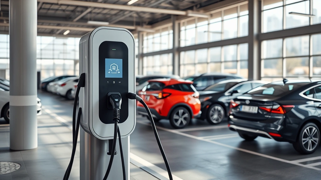 Electric vehicle charging station at modern facility with charging cable connected, contemporary design, natural lighting, busy parking area with vehicles in background, photorealistic, no screen displays or text visible on charger