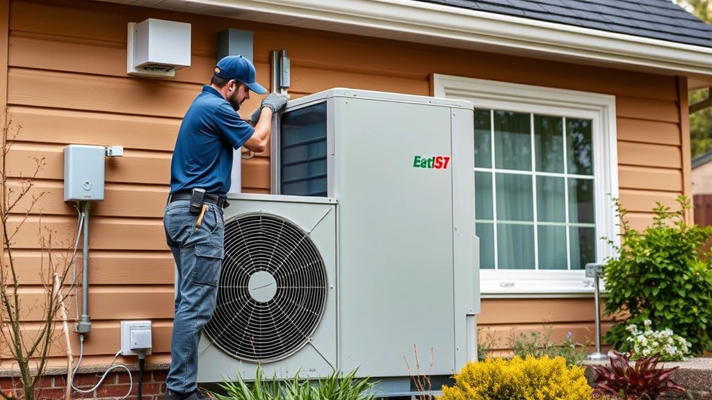 Photorealistic image of professional technician installing modern heat pump system on exterior of residential home, demonstrating eco-friendly heating alternative, no signage or text visible
