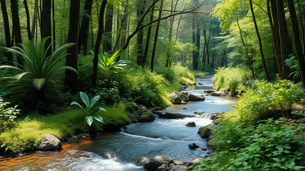 Photorealistic photograph of lush forest ecosystem with clean water stream flowing through vegetation, representing environmental protection and habitat preservation in sustainable energy transition, no text