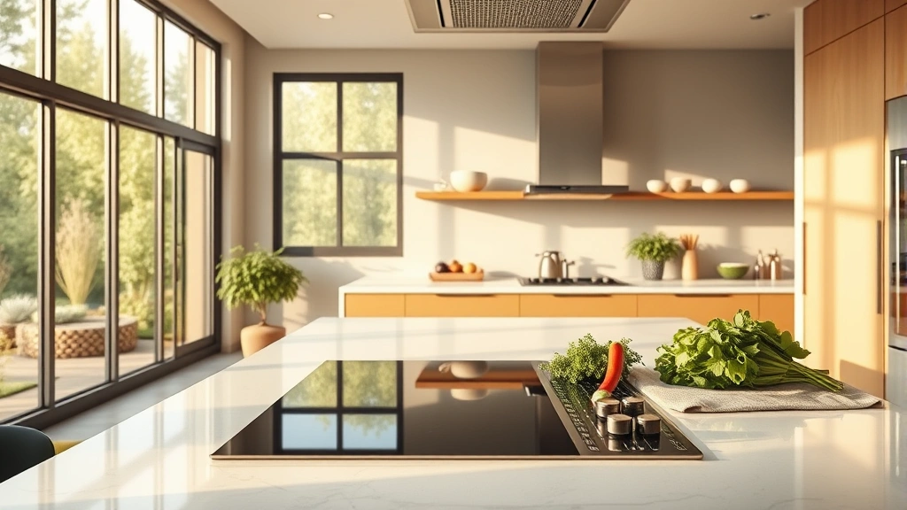 Modern kitchen with stainless steel induction cooktop and minimalist design, warm natural lighting through large windows, fresh herbs and vegetables on counter, eco-friendly kitchen environment
