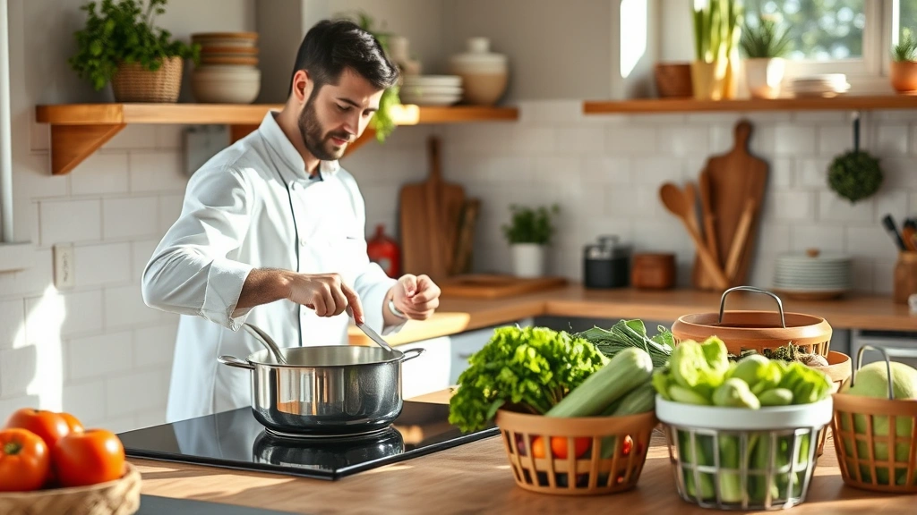 Sustainable kitchen practices scene: chef using energy-efficient cookware on induction cooktop, fresh local produce in reusable containers, natural lighting, zero-waste kitchen aesthetic