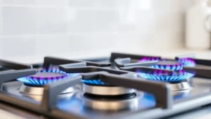 Modern stainless steel gas stove burners with blue flames igniting, showing precise flame control and efficient combustion in a bright kitchen environment