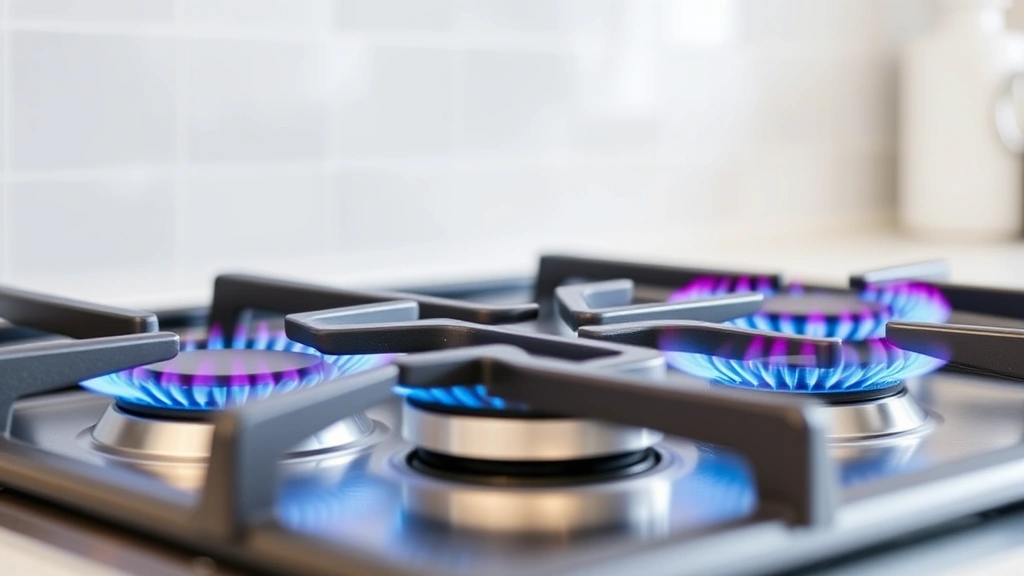 Modern stainless steel gas stove burners with blue flames igniting, showing precise flame control and efficient combustion in a bright kitchen environment