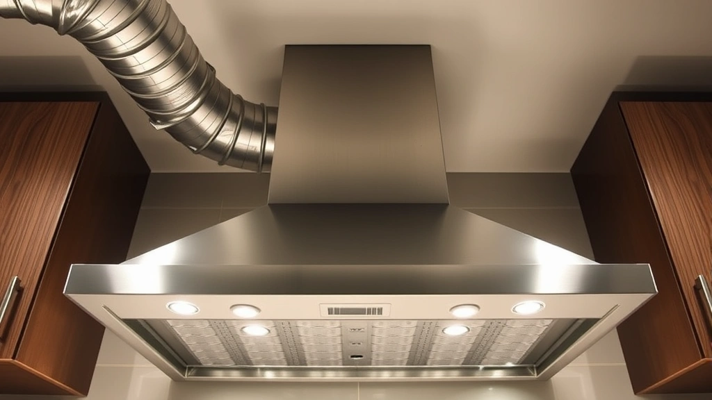 Professional kitchen range hood with stainless steel ductwork venting upward through ceiling, demonstrating proper ventilation system for gas stove emissions removal