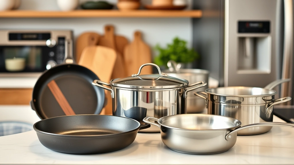 Variety of eco-friendly cookware including cast iron skillet, stainless steel pot with lid, and aluminum pan arranged on kitchen counter near modern appliances