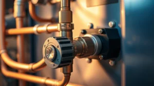 Close-up of a modern furnace gas valve assembly with copper piping and electronic components, showing detailed mechanical precision in warm professional lighting, no labels or text visible