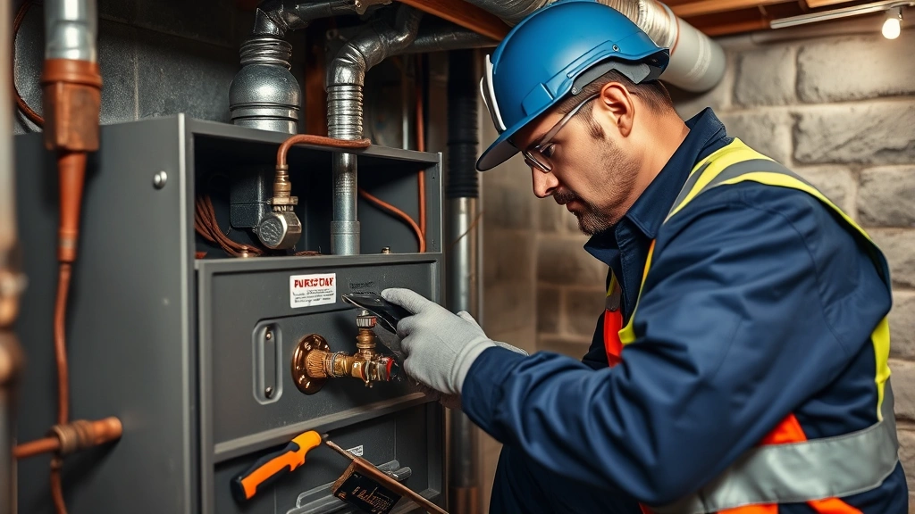 Technician in safety gear performing furnace maintenance and inspection, checking gas valve connections with tools, focused on professional HVAC work in a residential basement setting
