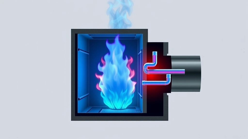 Cross-section diagram visualization of efficient furnace combustion chamber with blue flame ignition and gas flow pathways, clean modern aesthetic showing energy efficiency in action