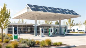 Modern sustainable gas station with solar panels on roof, electric vehicle charging stations in foreground, clean landscaping with native plants, bright daylight, photorealistic