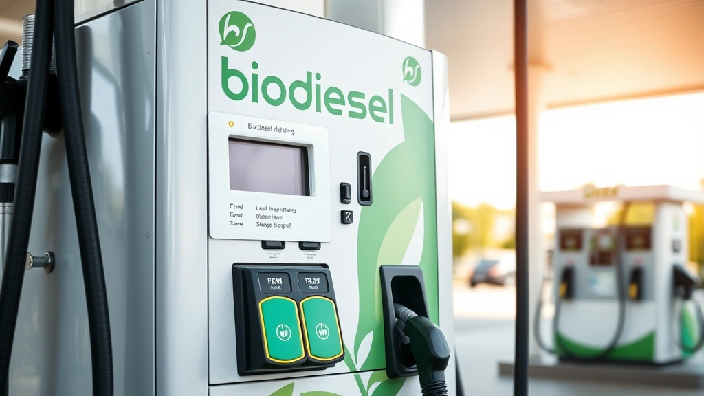 Biodiesel pump dispenser with green branding at fuel station, showing alternative fuel option clearly, professional station environment, natural lighting