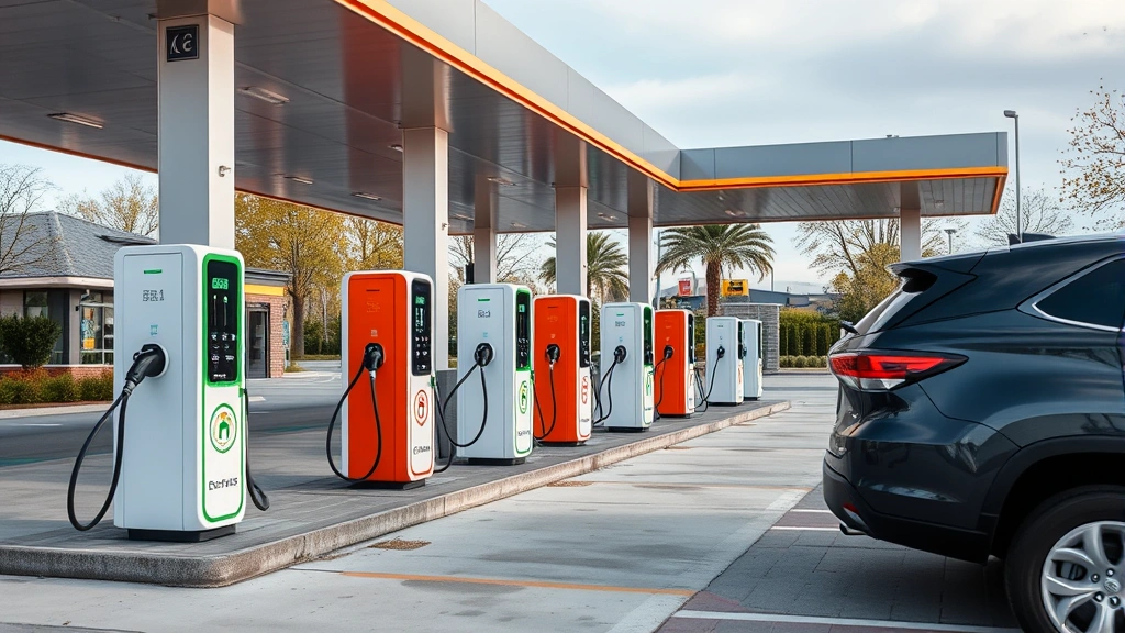 Electric vehicle charging infrastructure at contemporary gas station, multiple charging ports, modern design, clean facility, daytime photography, no text visible