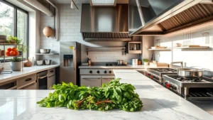 Modern commercial kitchen with stainless steel equipment and fresh herbs on marble countertop, bright natural lighting, professional culinary setting, sustainable food preparation environment