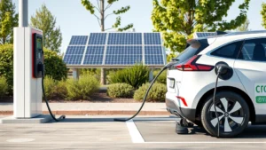 Photorealistic image of a modern electric vehicle charging at a public charging station with solar panels visible in the background, clean modern design, no text or signage visible