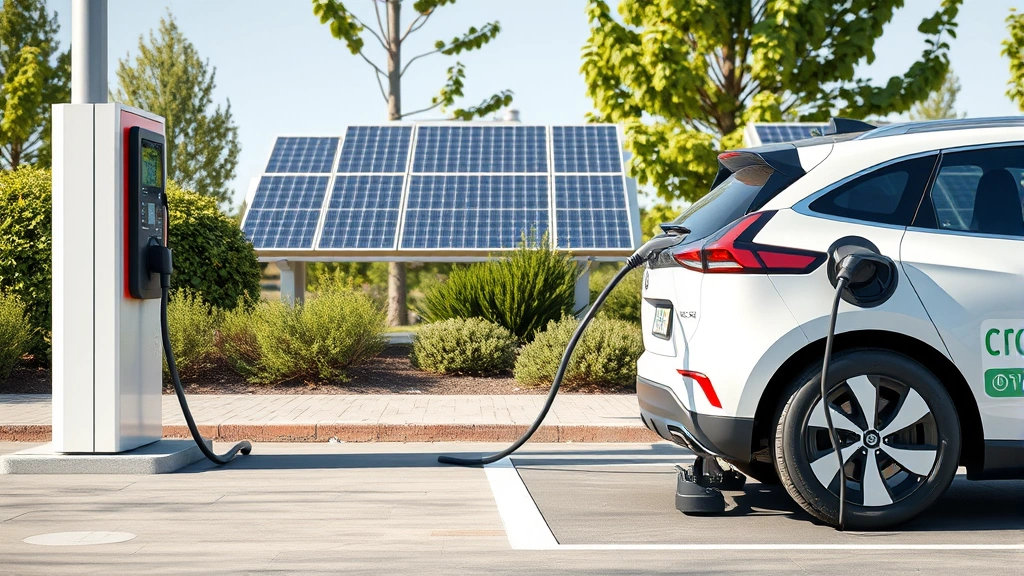 Photorealistic image of a modern electric vehicle charging at a public charging station with solar panels visible in the background, clean modern design, no text or signage visible