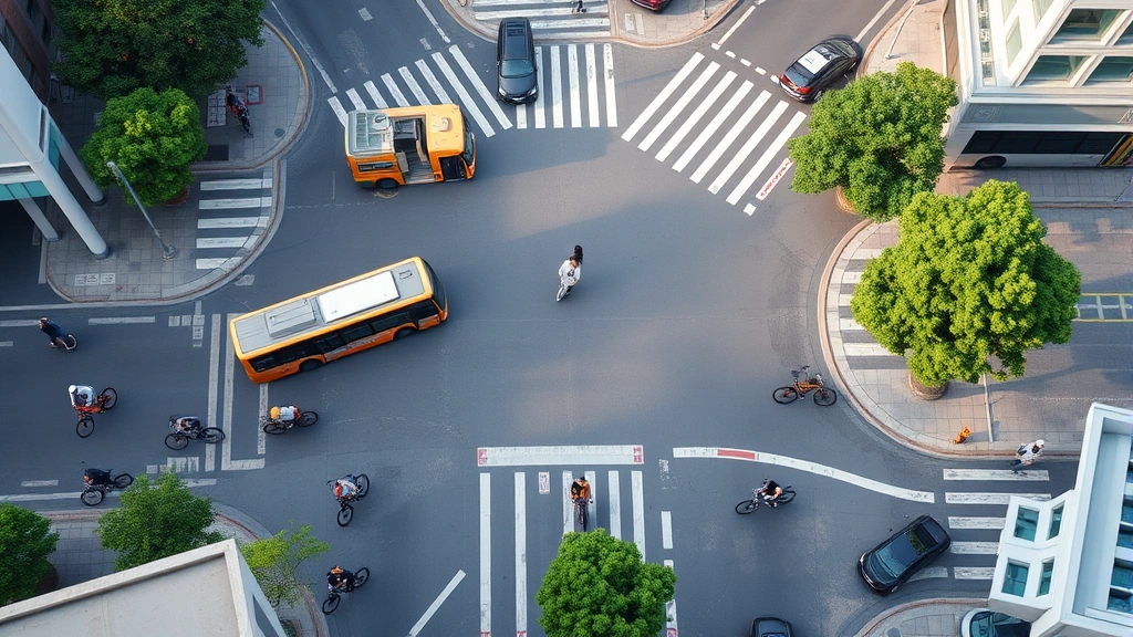 Overhead view of a busy urban intersection with diverse transportation modes including buses, bicycles, and pedestrians, sustainable city planning, natural daylight, no visible text