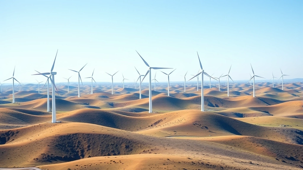 Wide-angle landscape photograph of a large wind farm with white turbines across rolling hills, renewable energy infrastructure, clear sky, no labels or signage visible