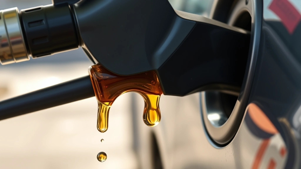 Close-up of gasoline fuel pump nozzle dispensing clear amber liquid into car fuel tank opening, realistic lighting showing fuel droplets and metallic surfaces, outdoor gas station setting with natural daylight