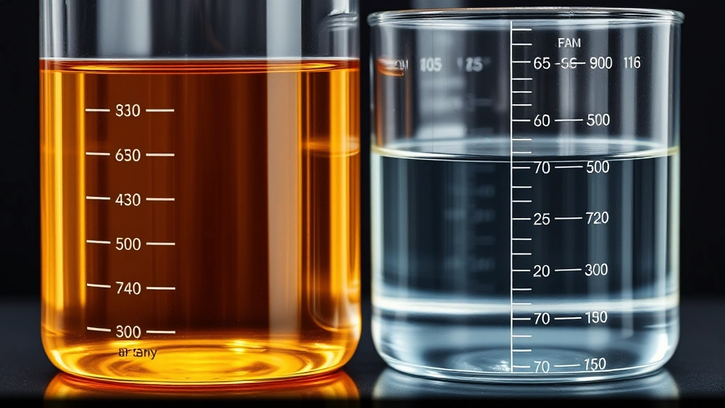 Transparent glass beaker and measuring cylinder containing golden amber gasoline liquid next to water in another container showing density difference, scientific laboratory setting with precise measurement markings visible, professional product photography