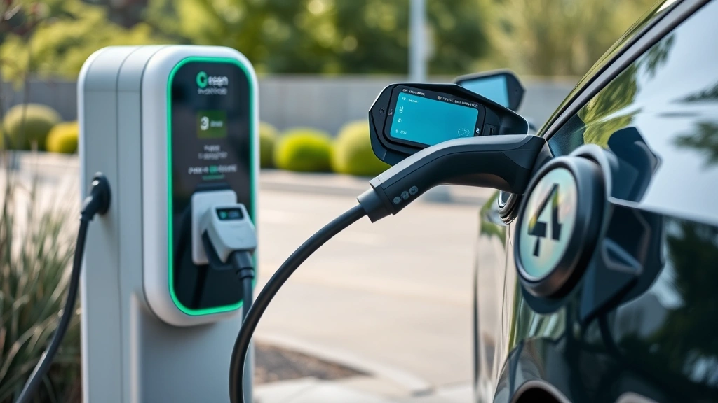 Electric vehicle charging station with cable connected to vehicle, modern sustainable transportation concept, clean minimalist design with green energy indicators, natural outdoor setting with renewable energy aesthetic