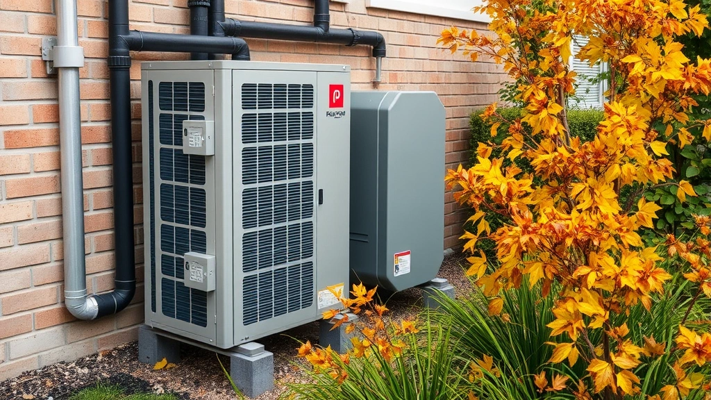 Modern residential gas absorption heat pump system installed outdoors, showing compact metal unit with piping connections, surrounded by autumn foliage and green vegetation, professional installation quality visible