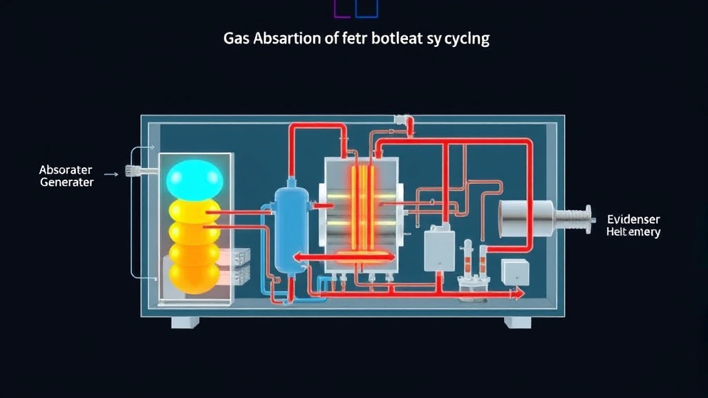 Cross-section technical diagram visualization of gas absorption heat pump thermodynamic cycle with flowing heat energy, showing absorber, generator, condenser and evaporator components operating in sequence