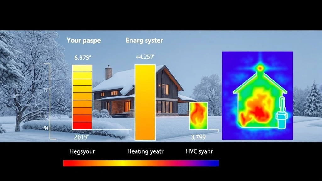 Energy efficiency comparison chart showing heating system performance in snowy winter landscape, with residential home, efficient HVAC system, and thermal imaging visualization of heat distribution