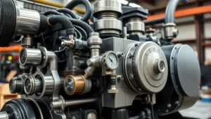 Close-up of modern gas air compressor engine with advanced emission control systems and fuel injection technology, industrial workshop background, natural lighting highlighting metallic components and engineering details