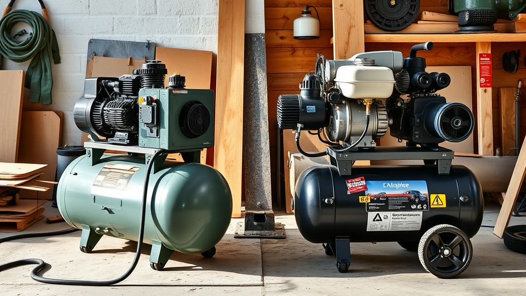 Side-by-side comparison workspace showing electric air compressor next to gas compressor, both operational with visible power cord and fuel tank, construction materials and tools scattered around, bright natural daylight