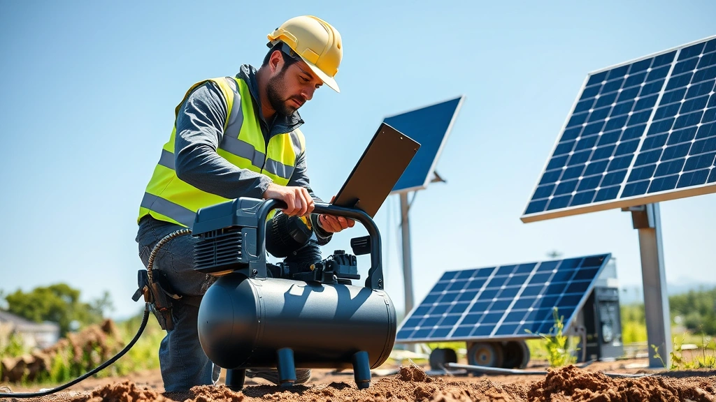 Worker using portable electric air compressor powered by battery pack and solar charging station on sunny construction site, green vegetation visible, sustainable energy setup with no smoke or emissions, clear blue sky