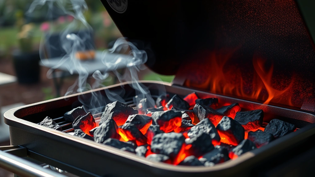 Professional charcoal grill with glowing coals and smoke, natural outdoor setting with garden background, photorealistic daylight photography