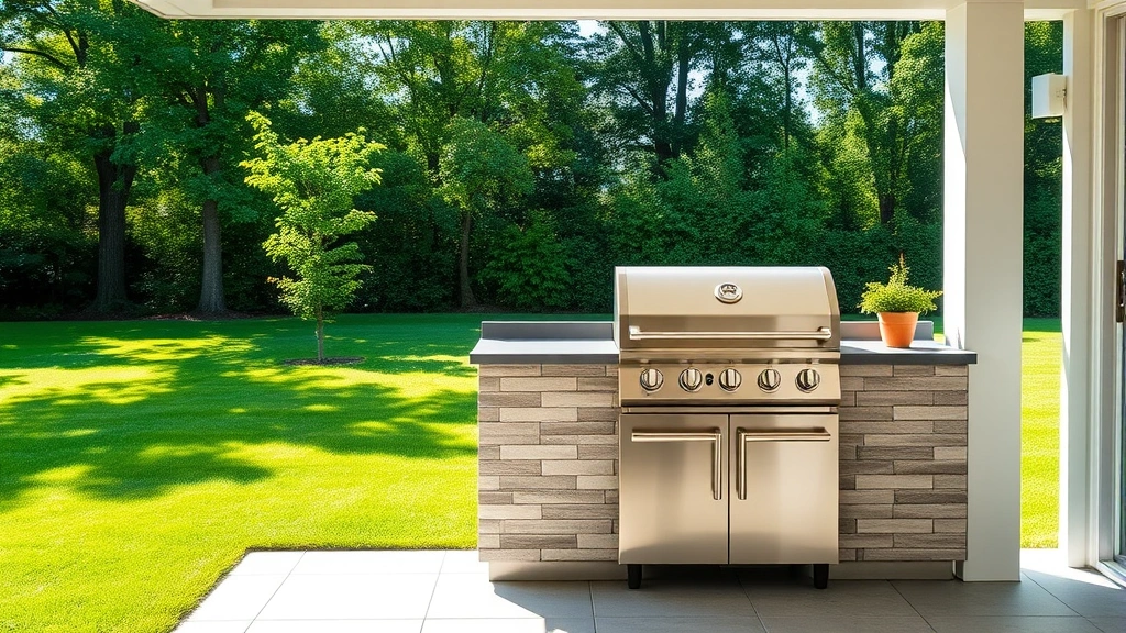 Modern stainless steel gas grill on a patio with lush green lawn and trees, clean contemporary design, bright natural daylight
