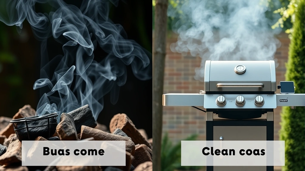 Split-screen comparison showing charcoal smoke on left side and clean gas grill operation on right, eco-conscious visual representation