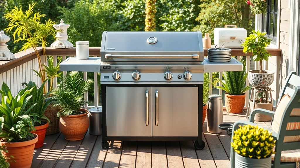 Modern stainless steel dual fuel gas and charcoal grill on a wooden deck surrounded by potted plants and sustainable outdoor furniture, natural daylight, photorealistic