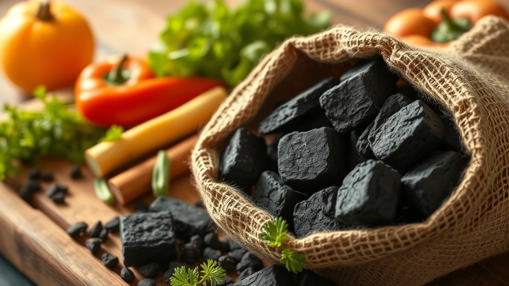 Close-up of FSC-certified sustainable charcoal briquettes in a burlap sack next to fresh vegetables on a wooden cutting board, warm natural lighting, photorealistic